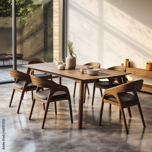 Interior of modern cafe with wooden and concrete walls, concrete floor, round wooden tables and chairs. Modern Contemporary Dining room. Interior Design.