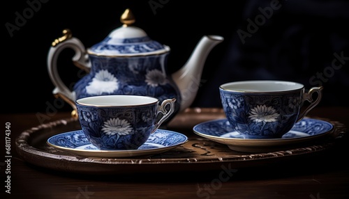 A Serene Morning  Blue and White Tea Set on a Tray