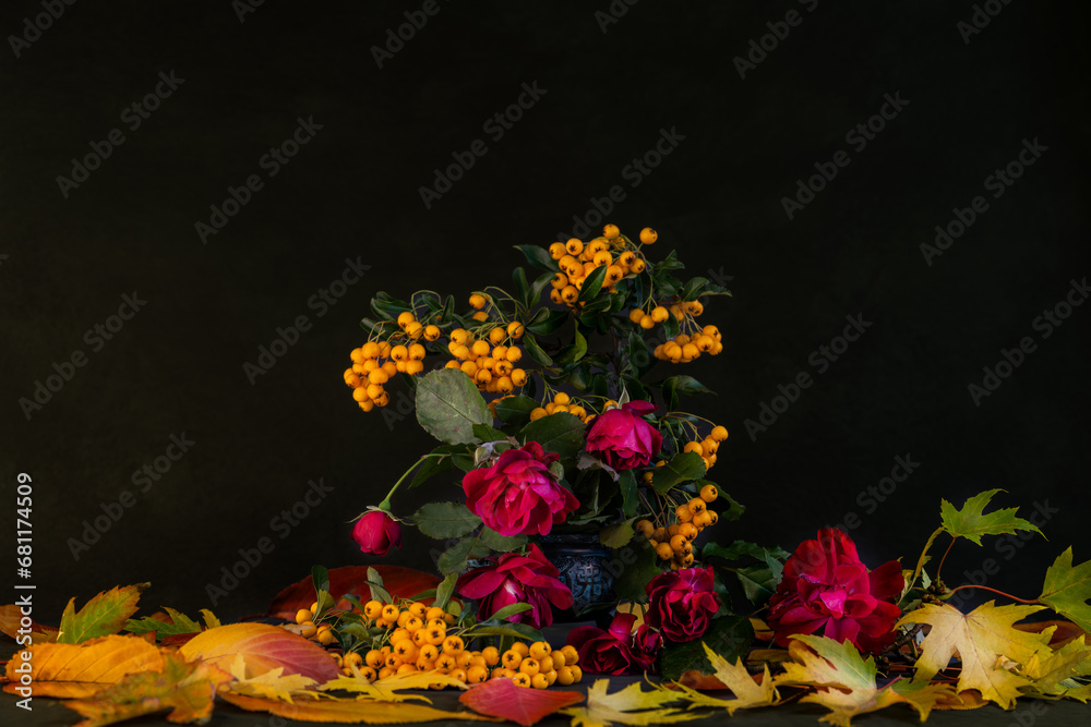 Autumn flowers. Composition of autumn flowers, berries, leaves.