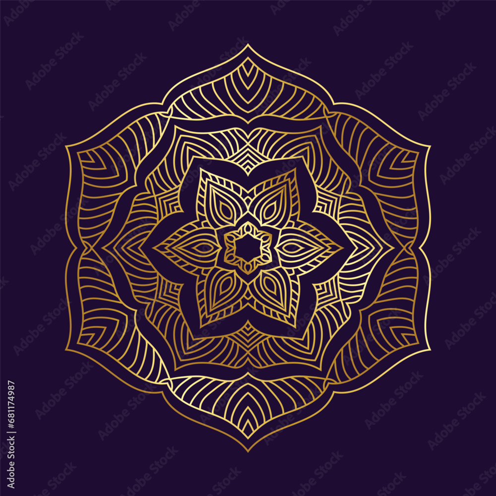 ornamental round mandala illustrator with golden color and violet background.