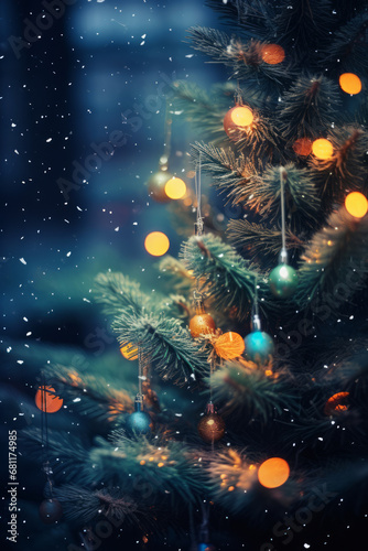 Christmas tree glowing with lights. New Year festive atmosphere