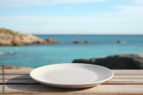 empty white plate on the beach
