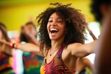 group of smiling women with coach dancing zumba in gym or studio. fitness, sport, dance and lifestyle concept