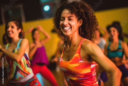 group of smiling women with coach dancing zumba in gym or studio. fitness, sport, dance and lifestyle concept
