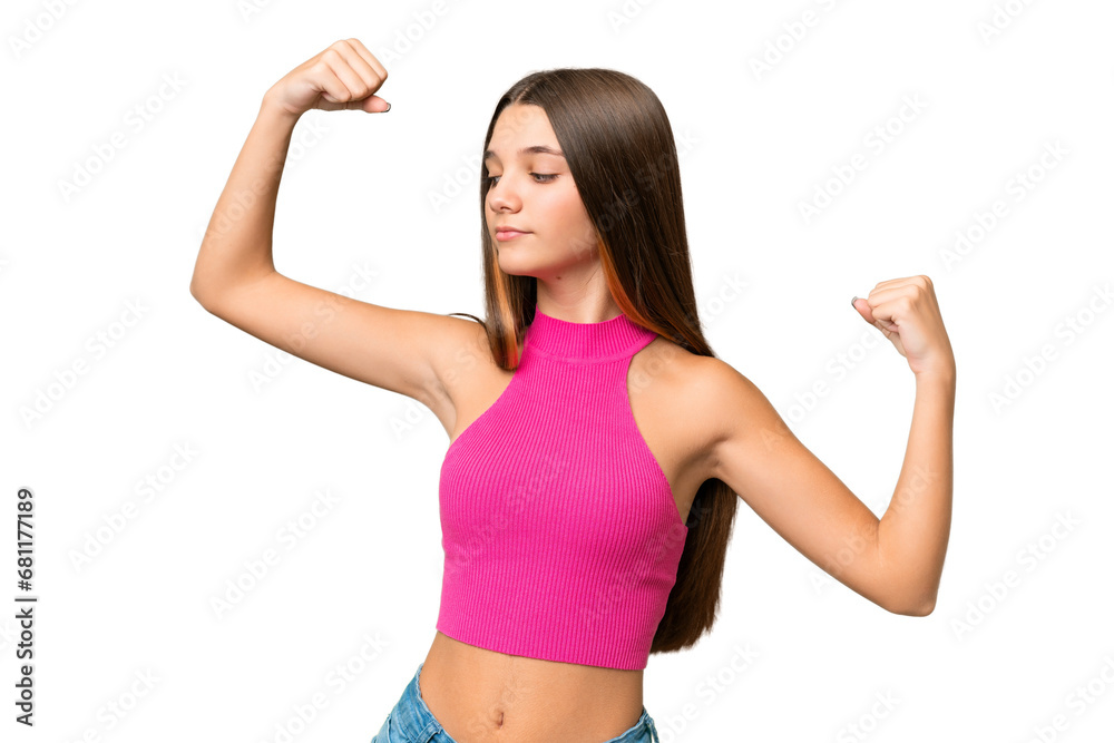 Teenager caucasian girl over isolated background doing strong gesture