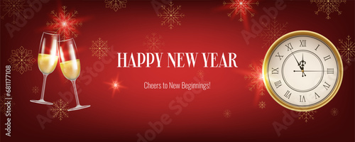 Realistic red New Year banner, featuring a clock, snowflakes and champagne. Gold and Christmas themed decorations. Suitable for invitations, greetings, and event promotions. Not AI generated.