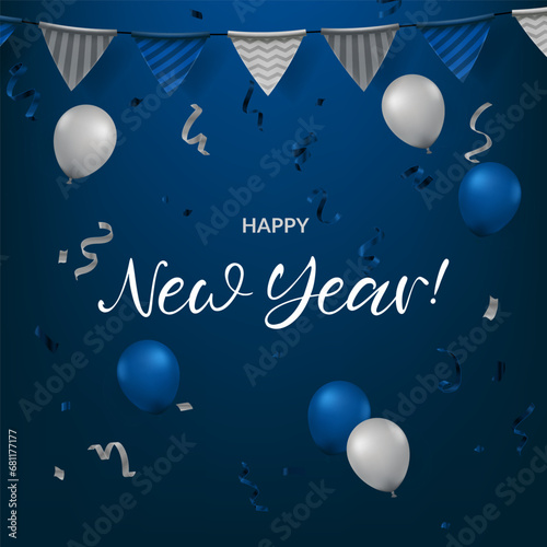 Happy New Year blue celebration banner featuring confetti, balloons, green flags, and garland. Suitable for various celebrations such as birthdays, anniversaries, and events. Not AI generated.