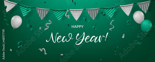 Happy New Year celebration illustration featuring confetti, balloons, green flags, and garland. Suitable for various celebrations such as birthdays, anniversaries, and events. Not AI generated.