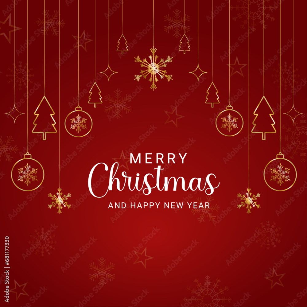 social media post design for Merry Christmas with golden snowflakes and tree with balls and stars