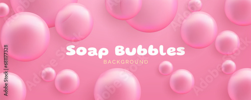 Realistic soap bubbles. Cute bubble gum banner. Transparent bubbles with a glossy pink surface, conveying a clean and airy concept. Not AI generated.