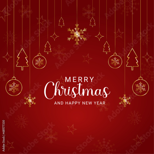 social media post design for Merry Christmas with golden snowflakes and tree with balls and stars