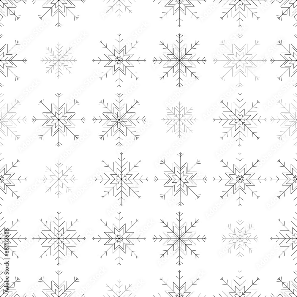 A seamless black and white snowflake pattern illustration, perfect for winter and Christmas themed designs. Wrapping paper. This design is not AI generated.