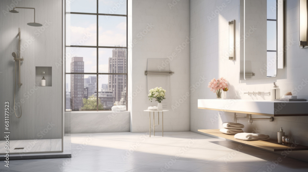 a bright and airy bathroom with a marble countertop and a glass-enclosed shower and a freestanding tub a bright and airy bathroom with a marble countertop and a glass-enclosed shower and a freestanding tub