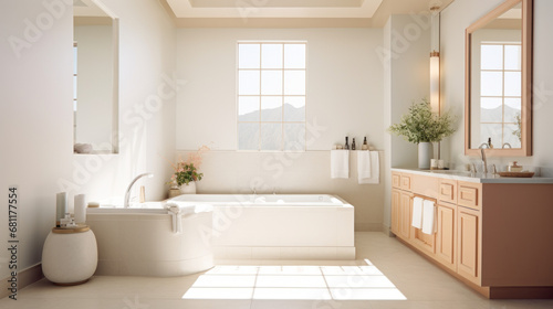 a bright and airy bathroom with a tile floor and a large jacuzzi tub and a large vanity mirror