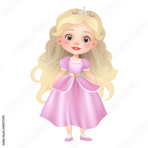 3D illustration of a cute princess doll with a beautiful dress, crown, and beautiful face. Magical princess, perfect for fairy tale themes. The character is isolated Not AI generated.