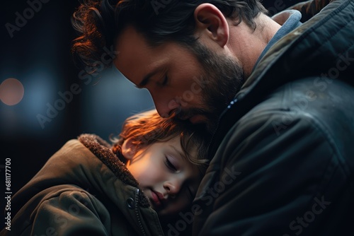 Modern Warrior - A man caring for his child, with subtle imagery of strength and tenderness - AI Generated