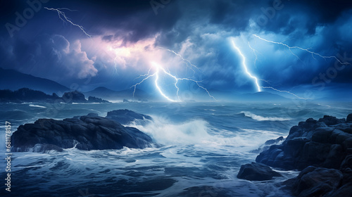Stormy Seas: A visually captivating image of lightning over an ocean horizon during a storm, highlighting the tumultuous power of nature in the midst of crashing waves © Наталья Евтехова