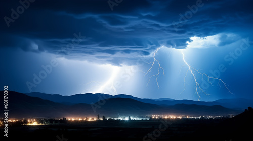 Silhouetted Storm: An image featuring a silhouette of mountains or hills against a stormy sky illuminated by flashes of lightning, offering a visually dramatic and atmospheric comp