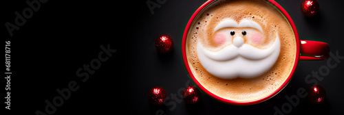 Illustration of latte art cup with milk foam Santa Claus. Christmas coffee cup. Cozy atmosphere. Holiday background with copy space. Christmas and New Year cappuccino coffee.