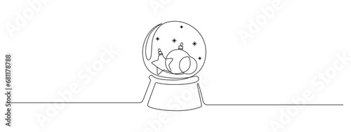 One continuous line drawing of snow globe with Christmas tree balls and toys inside. Magic glass crystal for winter xmas concept in simple linear style. Editable stroke. Doodle vector illustration