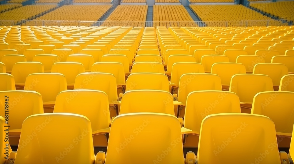 Fototapeta premium Rows of seating in an open-air stadium, void of spectators. Emphasizing the essence of fan culture through arranged chairs for the audience. Reflecting a cultural ambiance, these yellow stands
