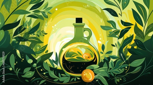 An artistic depiction featuring olive oil set against a verdant green background. This illustration captures the essence of olive oil in a picturesque scene with a lush green backdrop. photo