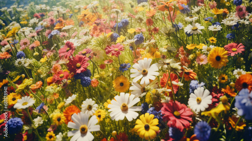 A bird's eye view of a vibrant field of wildflowers in full bloom