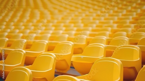 Rows of seating in an open-air stadium, void of spectators. Emphasizing the essence of fan culture through arranged chairs for the audience. Reflecting a cultural ambiance, these yellow stands photo