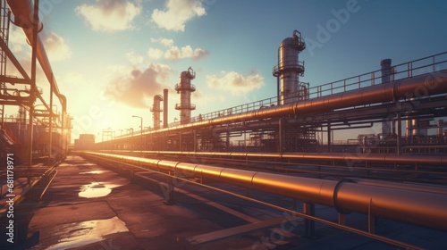 Steel pipes in an oil refinery at sunset, part of the crude oil production process