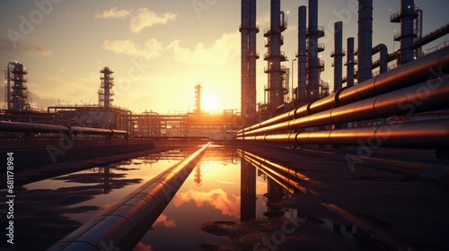 Steel pipes in an oil refinery at sunset  part of the crude oil production process