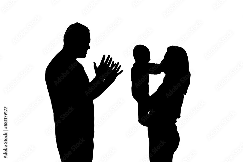 Married couple husband and wife holding child, violence in evening light of home living room. Silhouette of quarreling man and woman, isolated on a white background