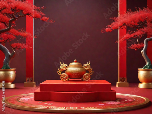3d red Chinese new year scene design for product display use. Round podium with Chinese window frame, blue lanterns
