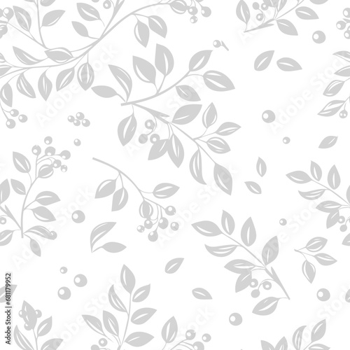 Botanical grey seamless pattern of twigs with leaves. hand drawing. Not AI, Vector illustration