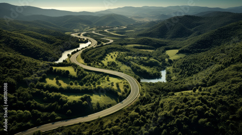 A bird's eye view of a picturesque countryside with rolling hills and winding roads
