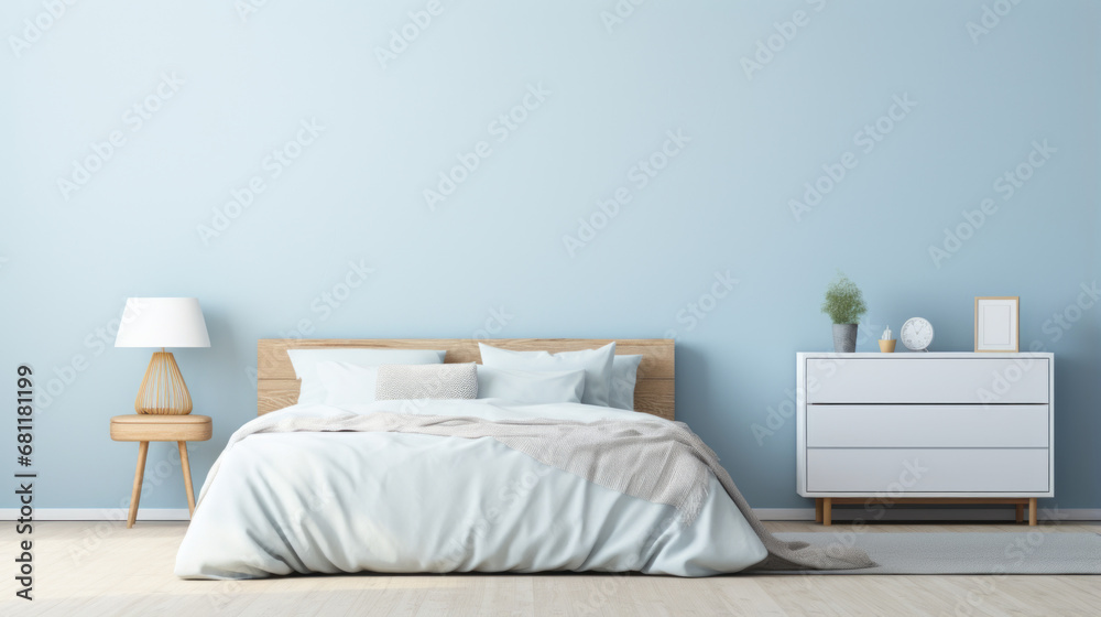 a bedroom with a light blue wall and a white bed