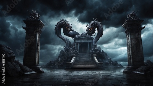 An image of the ominous entrance to the Lernaean Hydra's lair, with dark clouds and a foreboding atmosphere,HD,realistc,colorfull,vivid photo