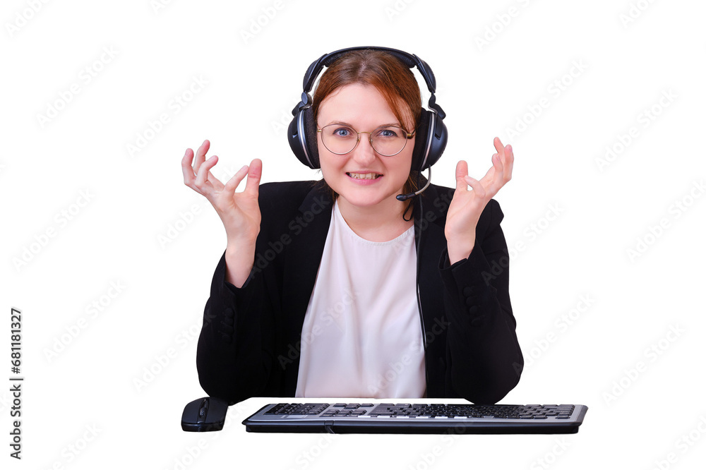 Video conference from home for remote work, evil woman, isolated on a white background. A woman gets angry in the chat for online calls and video via a computer camera, mockup Video conference from home for remote work, evil woman, isolated on a white background. A woman gets angry in the chat for online calls and video via a computer camera, mockup