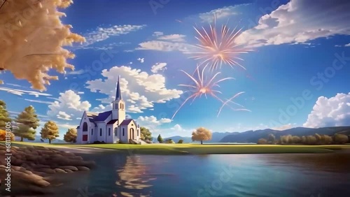 A white church building on a lake, with a clearing around, mountains and fireworks shooting in the sky. A short video of colorful New Year's fireworks. photo