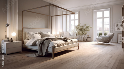 a bedroom with a gray wall and a wooden floor and a four-poster bed and a white bedspread and a dresser © Textures & Patterns