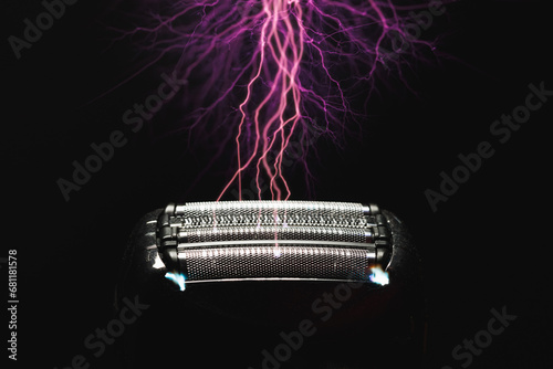 electric shaver head with electrical lightning strikes on razor