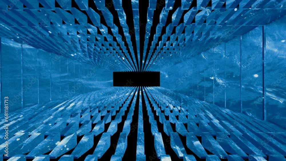 blue underwater tunnel. Neon light, reflection of light, lamps on the walls of brick, the old room, illuminated by floodlights. 