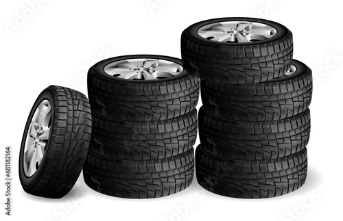 Winter tire stack. Car rubber, automobile tyre wheel shop, vector illustration. Suv or truck transport black disk collection, ice season gear, wintery snow kit.
