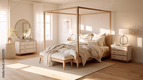 a bedroom with a beige wall and a wooden floor and a four-poster bed and a white bedspread and two nightstands