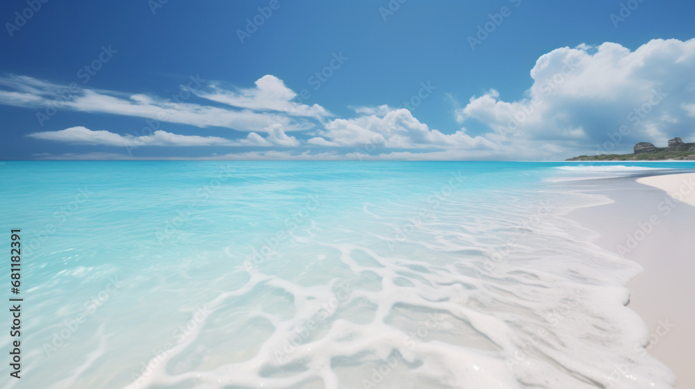 a beach with white sand and crystal blue water