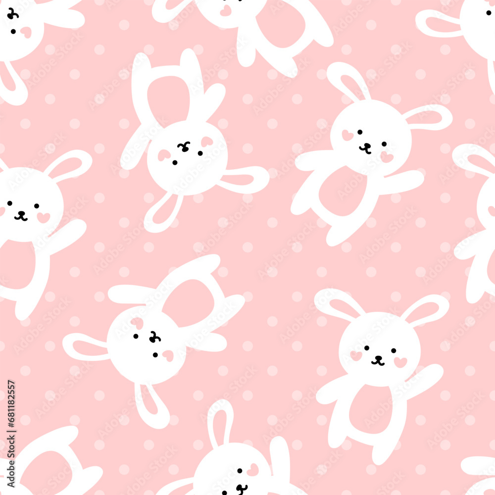 Cute white rabbit on a pastel pink background with polka dot texture, kids kawaii seamless pattern