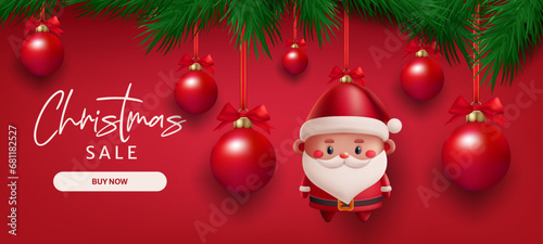 Christmas sale banner Santa Claus toy, glass balls, pine tree branches, and festive decorations in a 3D vector illustration red background. Holiday season. Not AI generated.