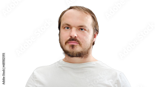 Face of a man with a beard in a white t-shirt, close-up, isolated on a white background. Portrait of a man 35-40 years old on a beige background