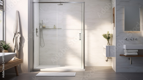 a bathroom with a white tile wall and a tile floor and a white sink and a white shower and a glass shower door