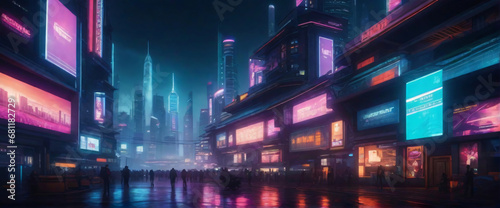 a futuristic, cyberpunk-inspired cityscape at night, with neon lights and holographic advertisements glowing brightly. Use a wide-angle lens and a cool color palette to evoke a sense of mystery