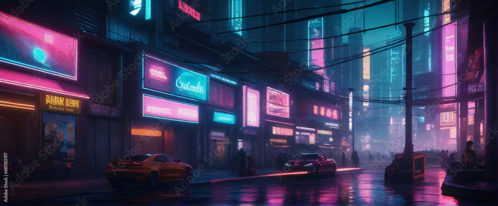 a futuristic, cyberpunk-inspired cityscape at night, with neon lights and holographic advertisements glowing brightly. Use a wide-angle lens and a cool color palette to evoke a sense of mystery a futuristic, cyberpunk-inspired cityscape at night, with neon lights and holographic advertisements glowing brightly. Use a wide-angle lens and a cool color palette to evoke a sense of mystery